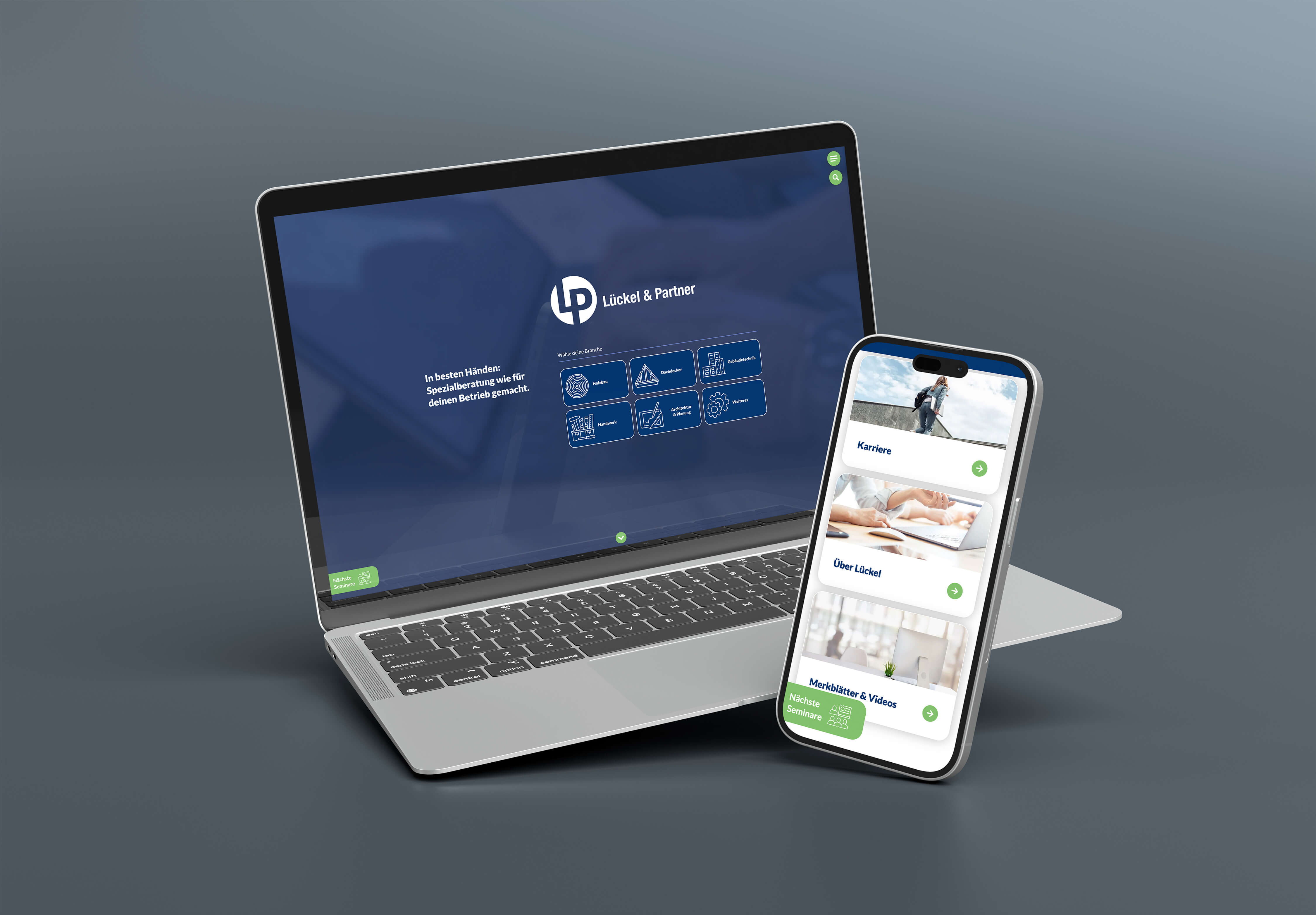 Mockup der Lückel & Partner Webseite auf MacBook und Smartphone