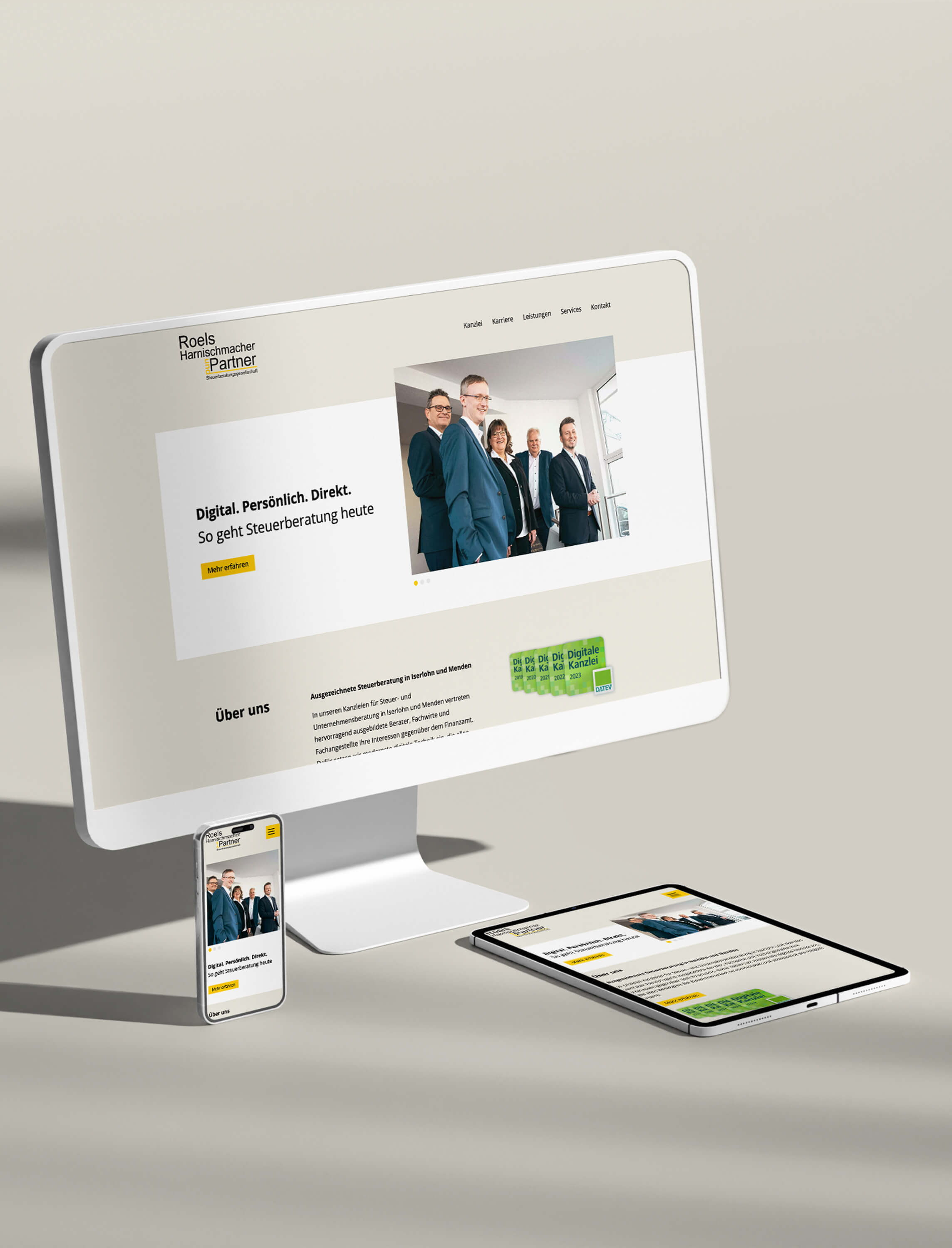 Mockup der Roels, Harnischmacher & Partner Webseite auf verschiedenen Geräten